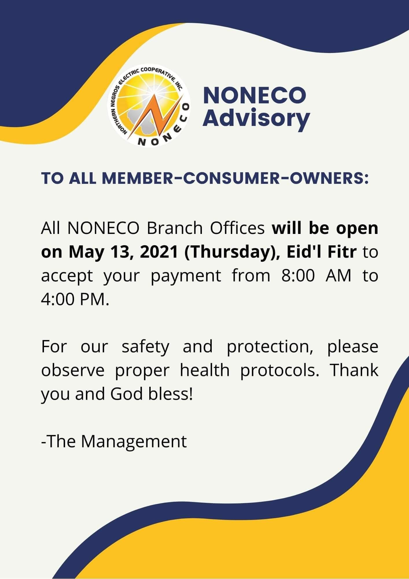 NONECO Advisory Open on May 13 Eid'l Fitr