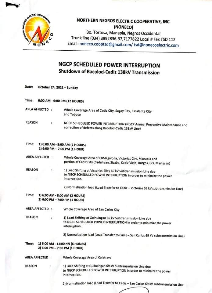 NGCP SCHEDULED POWER INTERRUPTION- October 24, 2021