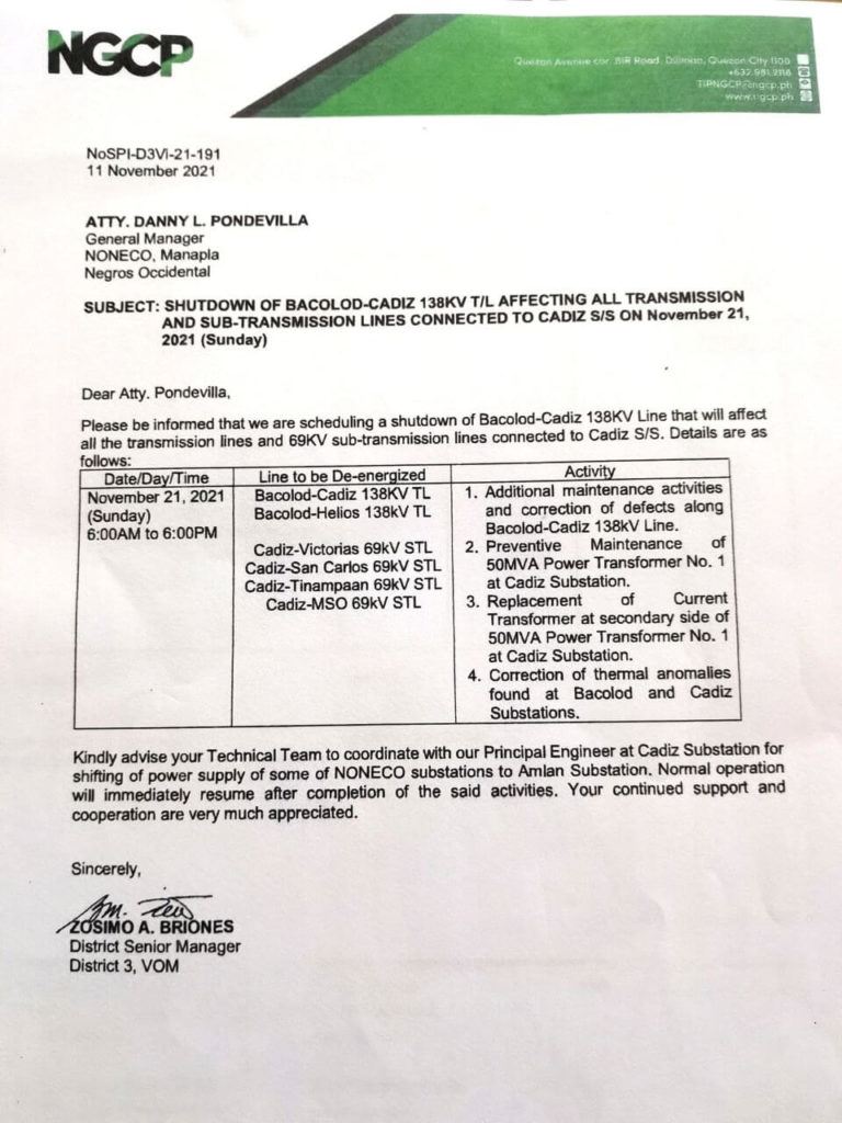 NGCP SCHEDULED POWER INTERRUPTION- November 21, 2021