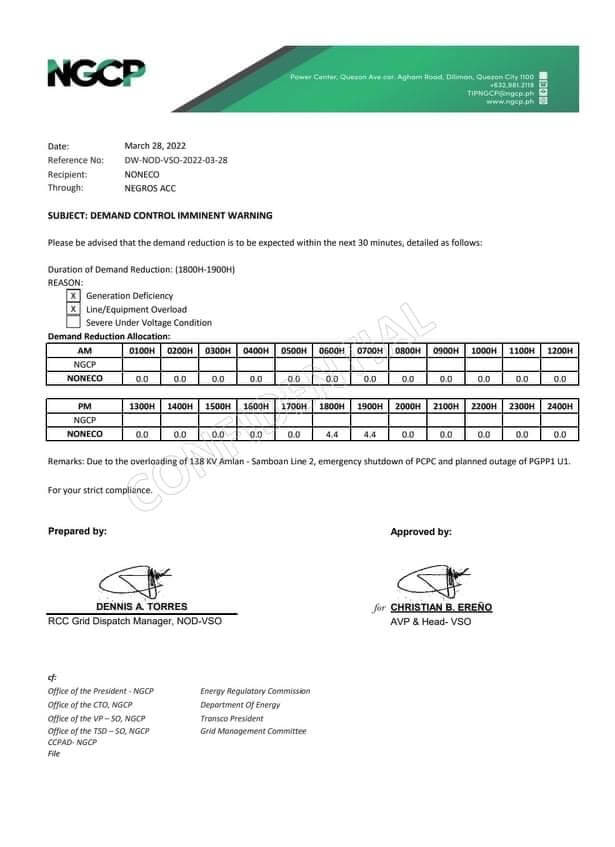 NOTICE OF NGCP MANUAL LOAD DROPPING - March 28, 2022