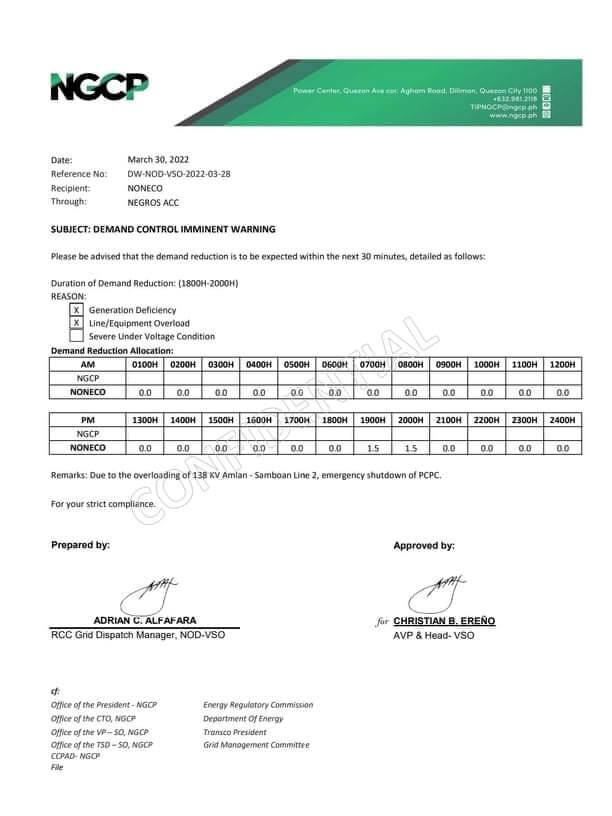 NOTICE OF NGCP MANUAL LOAD DROPPING - March 30, 2022