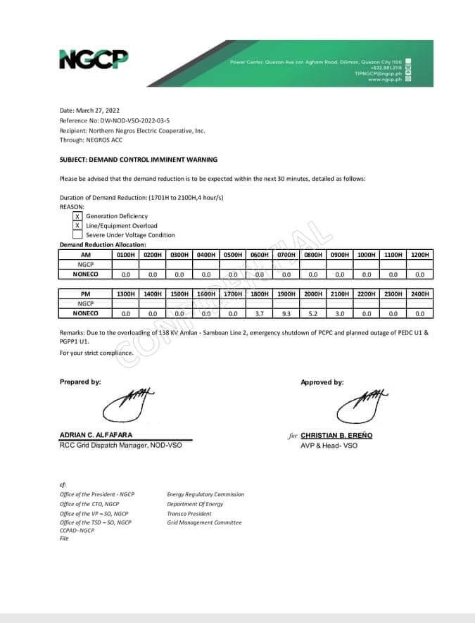 NOTICE OF NGCP MANUAL LOAD DROPPING