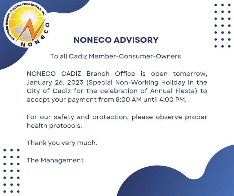 NONECO ADVISORY: NONECO Cadiz Branch Office is open on January 26, 2023