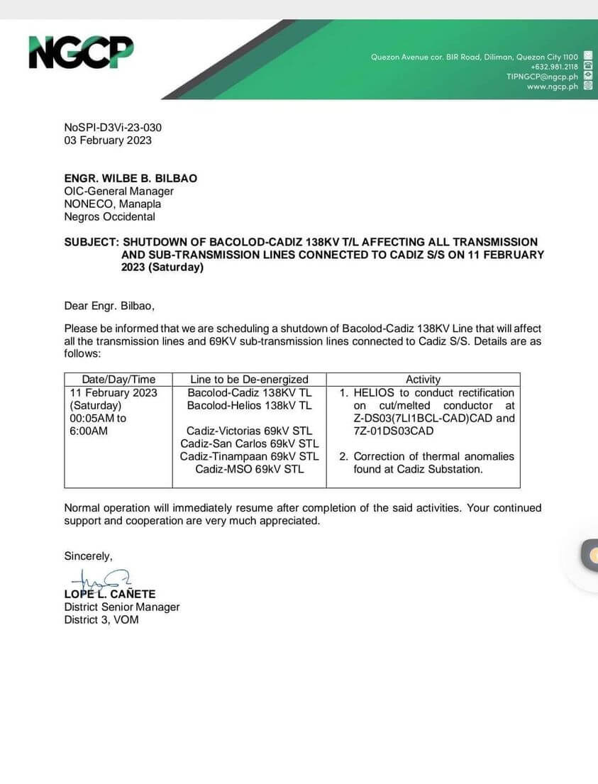 NGCP SCHEDULED POWER INTERRUPTION AFFECTING NONECO COVERAGE AREAS