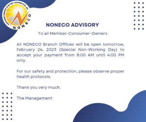 NONECO ADVISORY: OPEN on February 24, 2023 to accept your payment