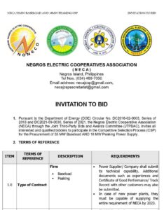 NONECO Publication: ITB NECA, JTPBAC, CSP for the Procurement of 53 MW Baseload, 18 MW Peaking Power Supply