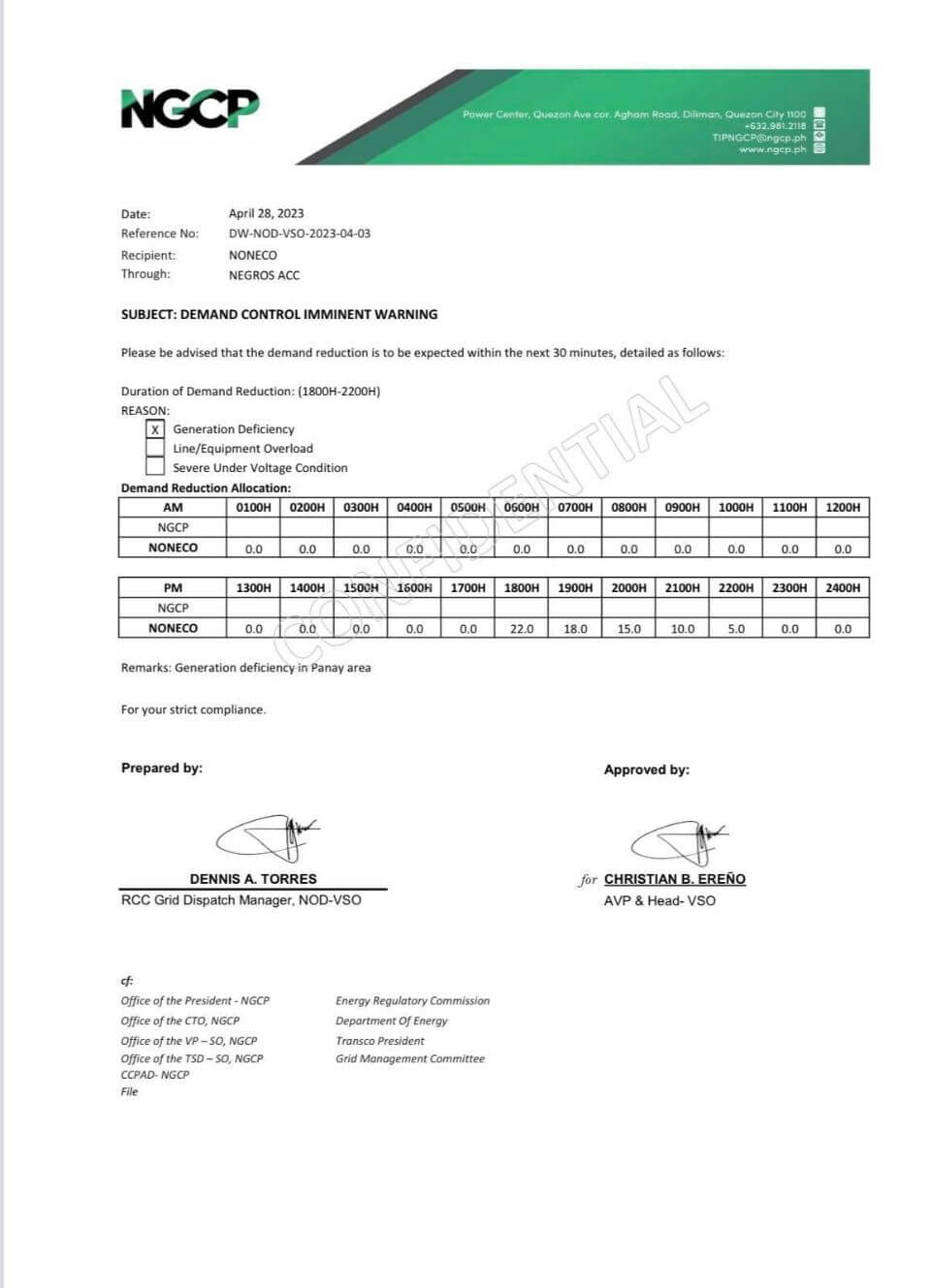 NOTICE OF POSSIBLE MANUAL LOAD DROPPING (ROTATIONAL BROWNOUT) - April 28, 2023